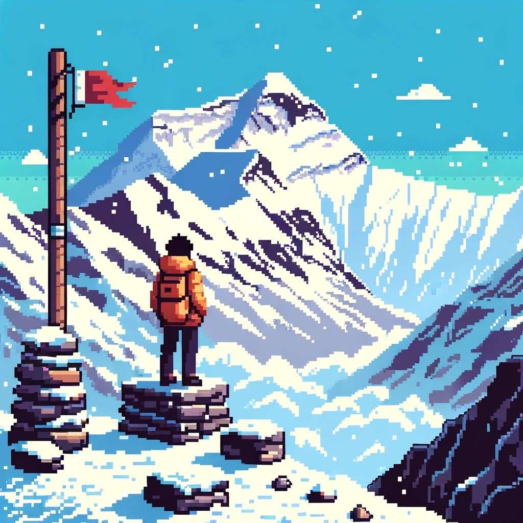someone gazing at Mount Everest, pixel art